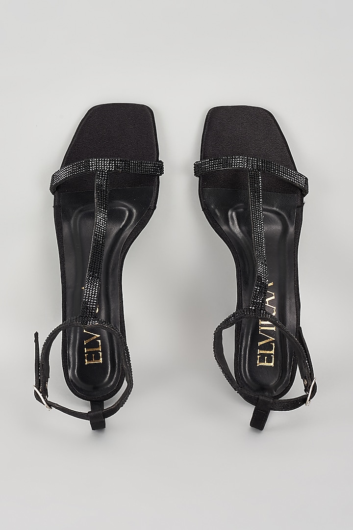Black Satin Rhinestone Embellished Heels by Elviraa by Pranali Oswal