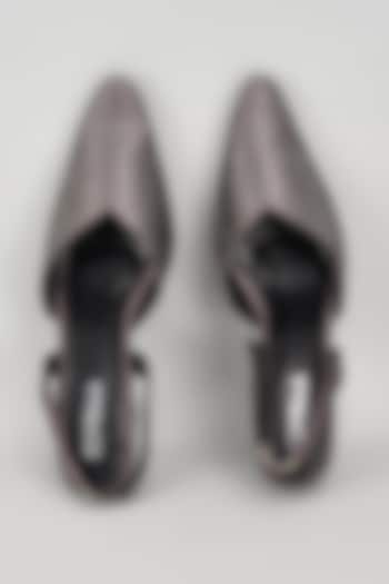 Gunmetal Satin Rhinestone Embellished Sling-Back Heels by Elviraa by Pranali Oswal