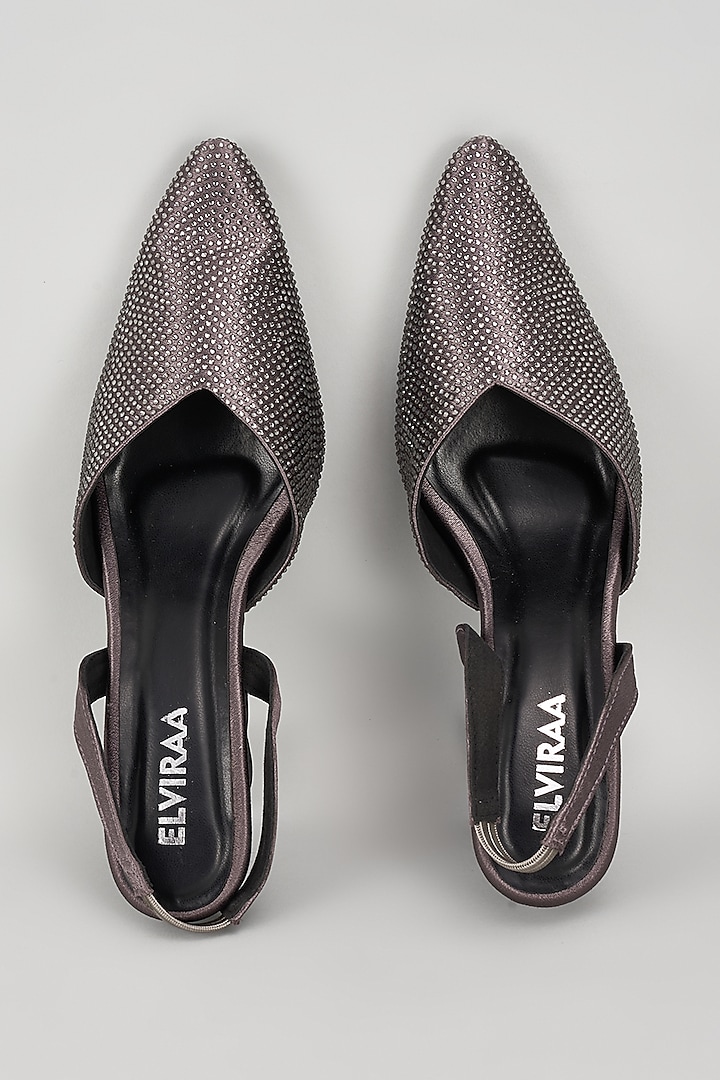 Gunmetal Satin Rhinestone Embellished Sling-Back Heels by Elviraa by Pranali Oswal
