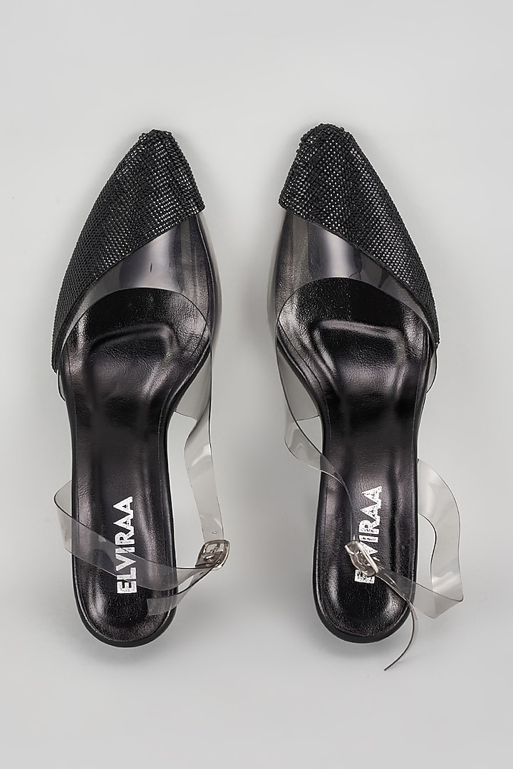 Black PU Rhinestone Embellished Heels by Elviraa by Pranali Oswal