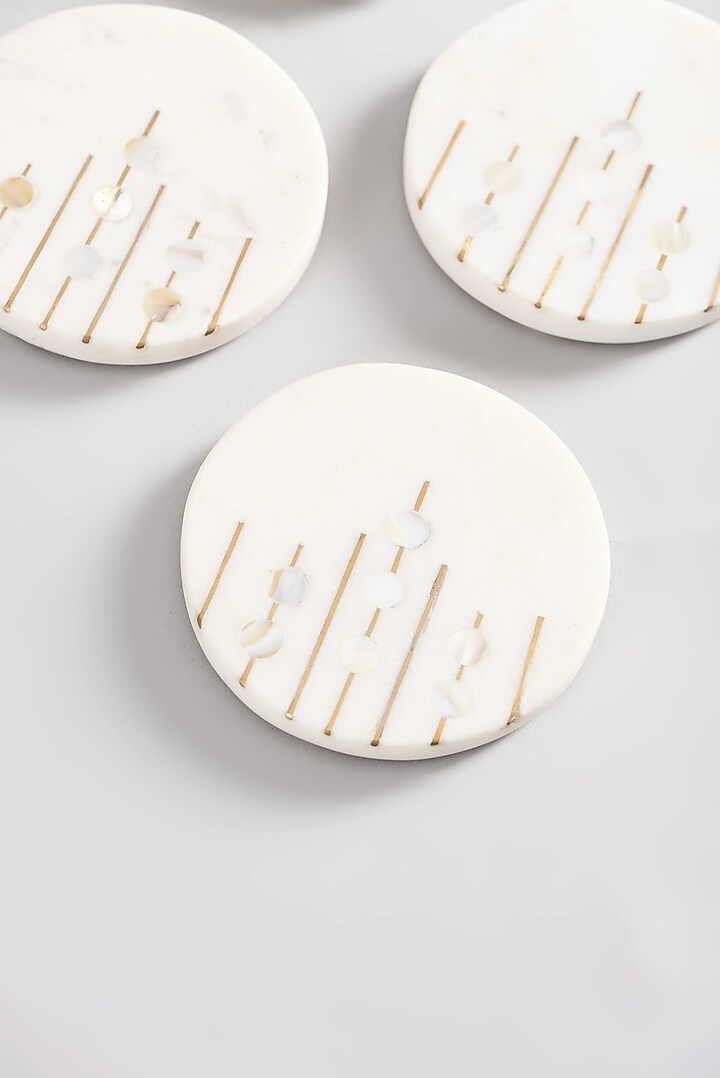 White Round Marble & Brass Coasters (Set of 4) by Elysian Home at Pernia's Pop Up Shop