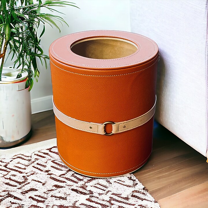 Cognac Vegan Leather Dustbin by Elysian Home