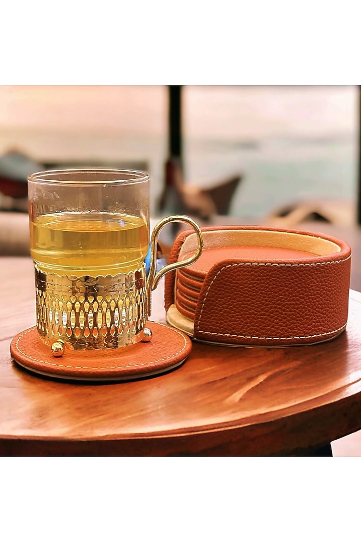 Cognac Vegan Leather Coaster (Set of 7) by Elysian Home at Pernia's Pop Up Shop