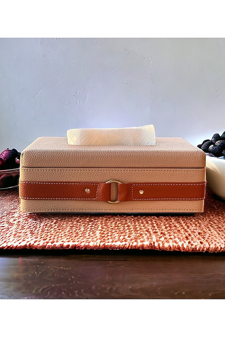 Beige Vegan Leather Tissue Holder by Elysian Home