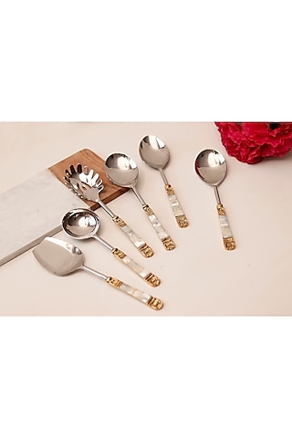 Silver Mother Of Pearls Serving Spoons Set (Set of 6) by Elysian Home