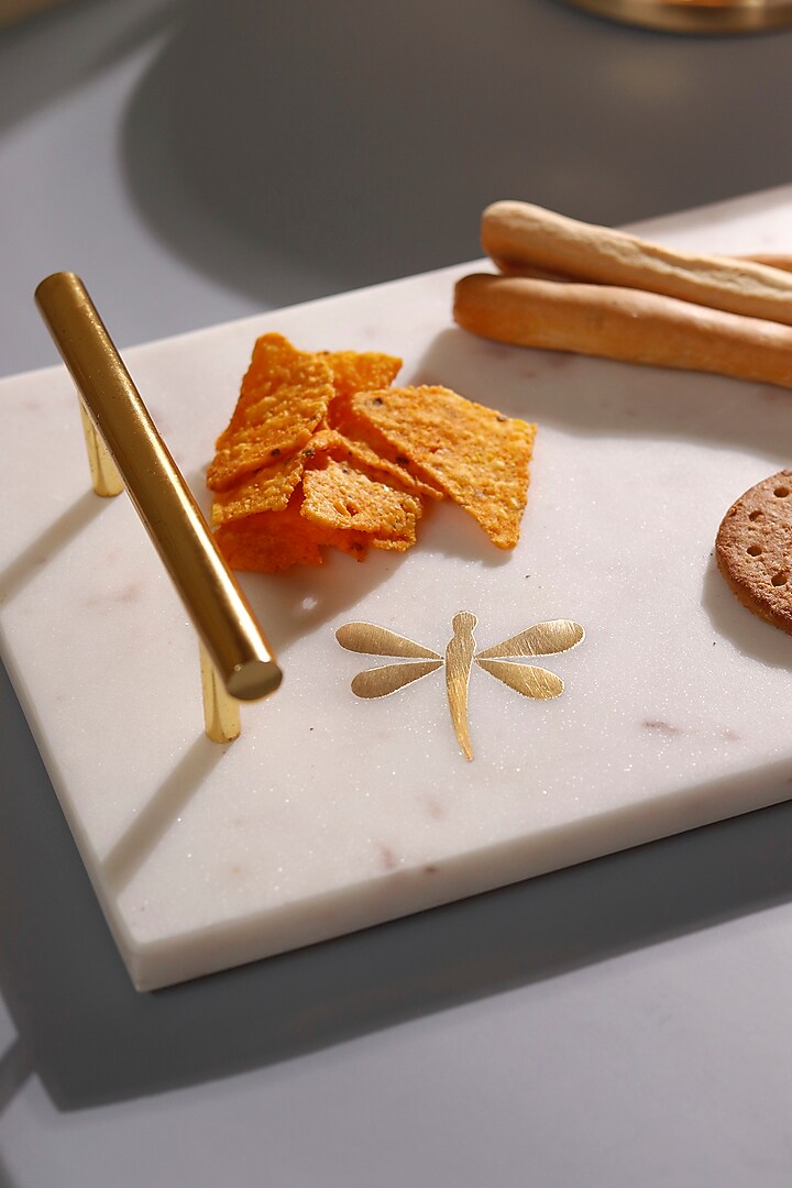 White & Gold Marble Dragonfly Tray by Elysian Home at Pernia's Pop Up Shop