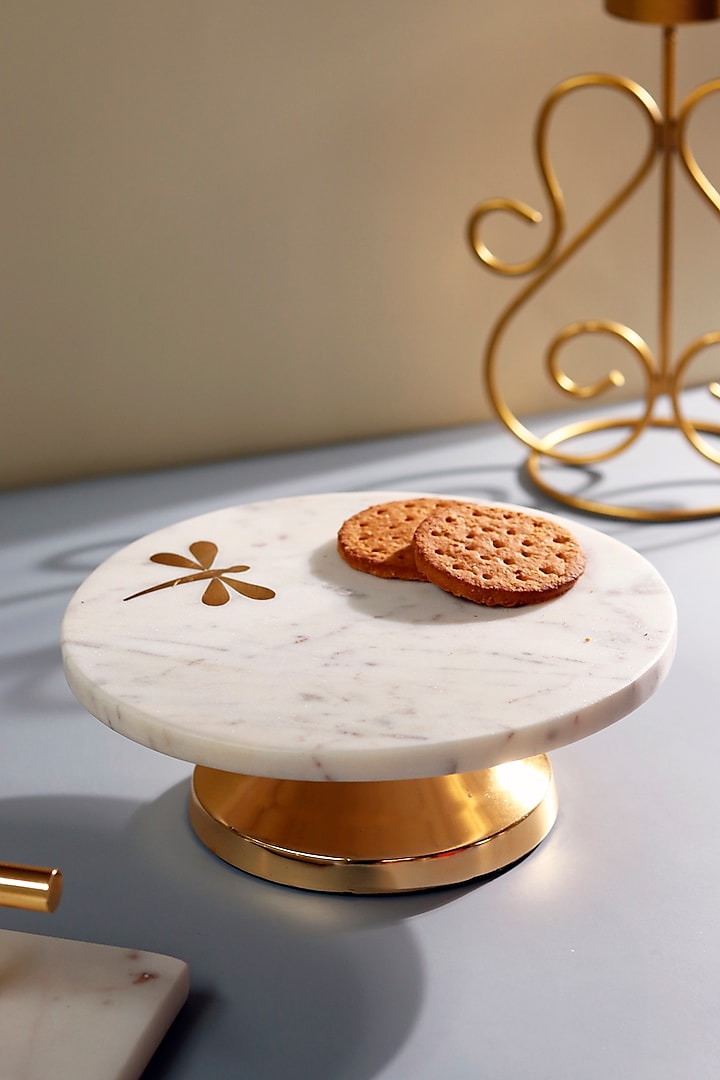White & Gold Marble Dragonfly Cake Stand by Elysian Home