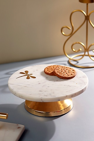 White & Gold Marble Dragonfly Cake Stand by Elysian Home