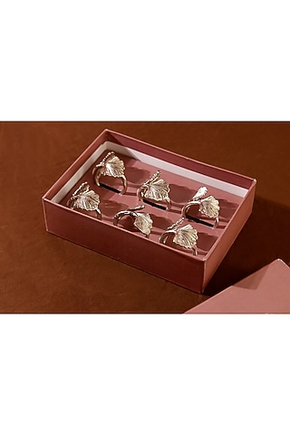 Silver Brass Elm Napkin Rings Set (Set of 6) by Elysian Home
