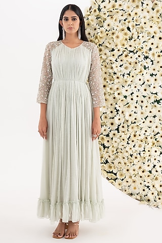 Jade Green Georgette & Organza Embroidered Tiered Gown by El:sian Studeios