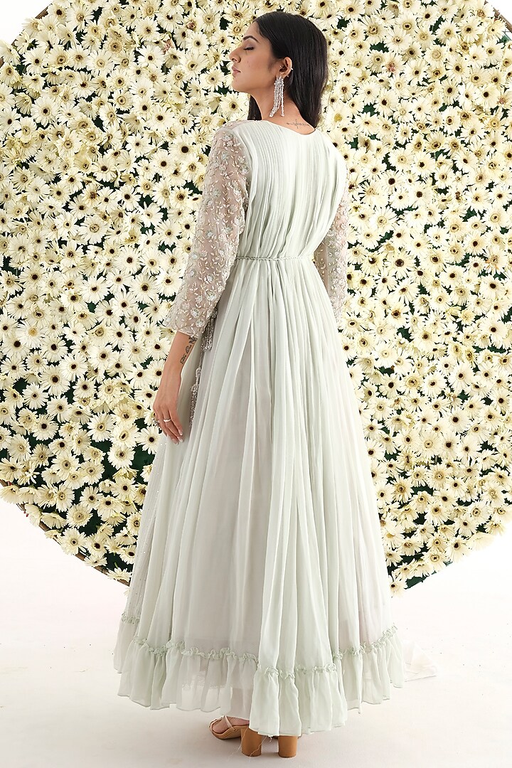 Jade Green Georgette & Organza Embroidered Tiered Engagement Gown by El:sian Studeios at Pernia's Pop Up Shop