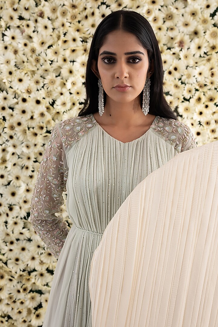 Jade Green Georgette & Organza Embroidered Tiered Engagement Gown by El:sian Studeios at Pernia's Pop Up Shop