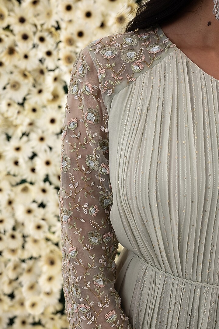 Jade Green Georgette & Organza Embroidered Tiered Engagement Gown by El:sian Studeios at Pernia's Pop Up Shop