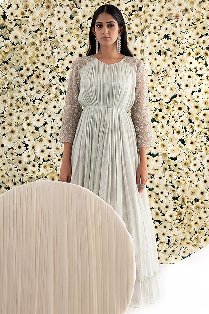 Jade Green Georgette & Organza Embroidered Tiered Engagement Gown by El:sian Studeios at Pernia's Pop Up Shop