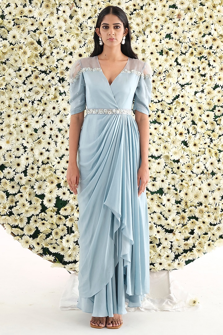 Blue Satin & Organza Embroidered Asymmetrical Draped Layered Gown by El:sian Studeios