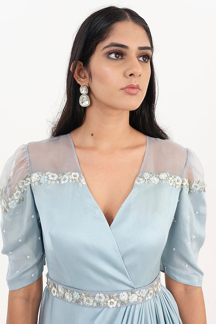 Blue Satin & Organza Embroidered Asymmetrical Draped Layered Engagement Gown by El:sian Studeios at Pernia's Pop Up Shop