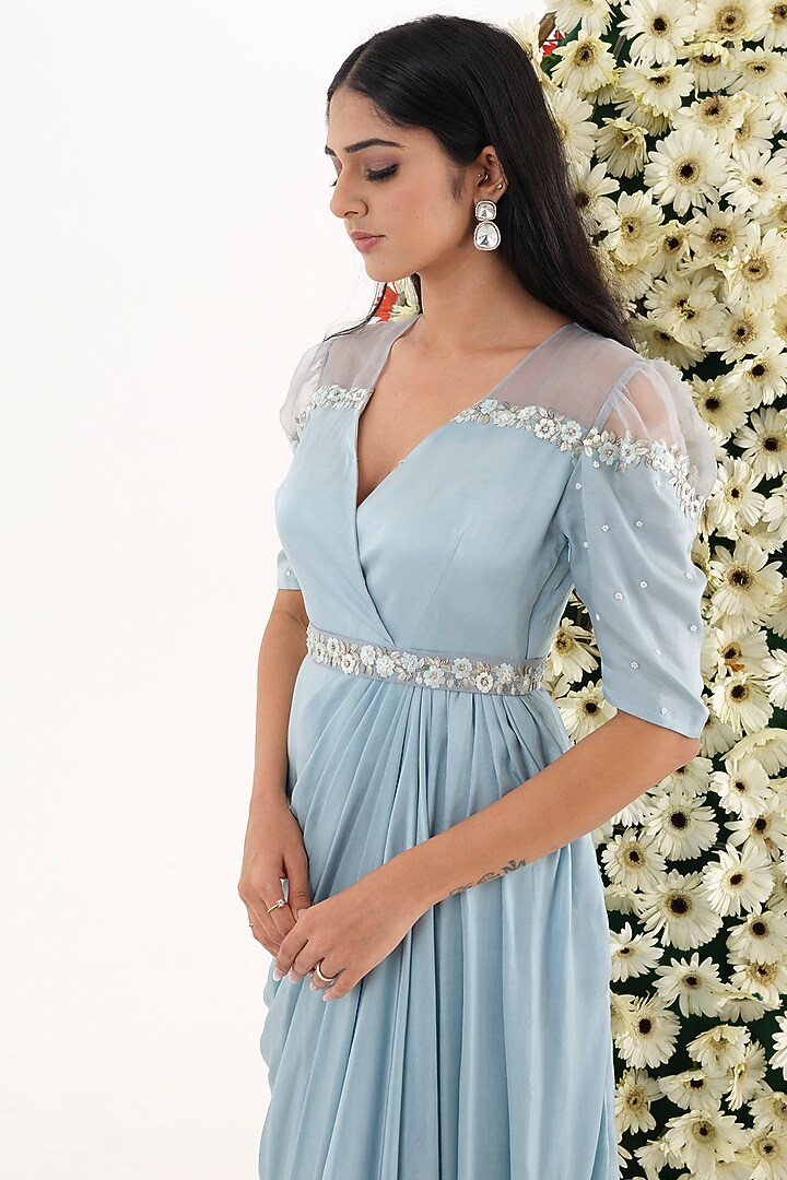 Blue Satin & Organza Embroidered Asymmetrical Draped Layered Engagement Gown by El:sian Studeios at Pernia's Pop Up Shop