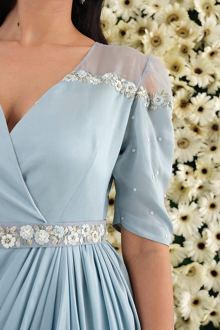 Blue Satin & Organza Embroidered Asymmetrical Draped Layered Gown by  El:sian Studeios at Pernia's Pop Up Shop 2026
