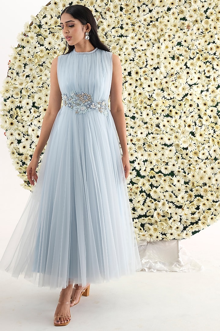 Mist Blue Tulle Embroidered Gown by El:sian Studeios