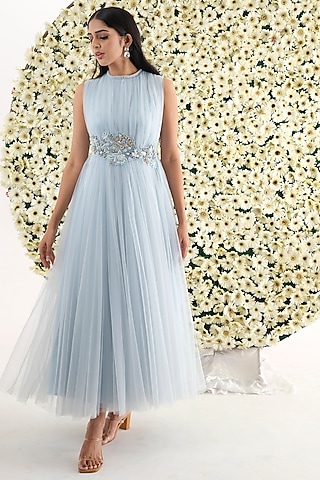 Mist Blue Tulle Embroidered Gown by El:sian Studeios
