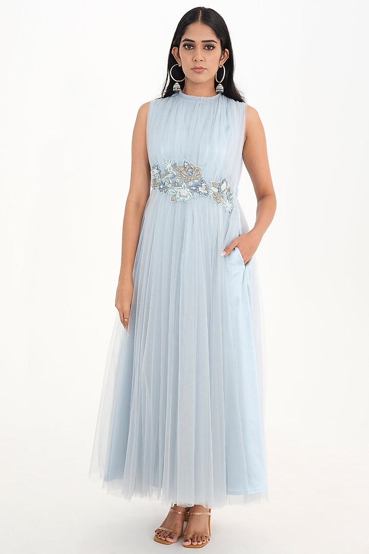 Mist Blue Tulle Embroidered Engagement Gown by El:sian Studeios at Pernia's Pop Up Shop