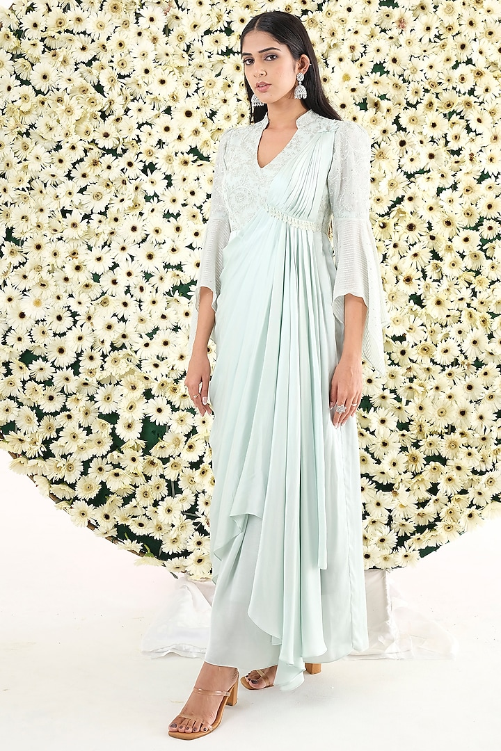 Light Cyan Cotton Satin & Natural Crepe Embroidered Asymmetrical Draped Gown by El:sian Studeios at Pernia's Pop Up Shop