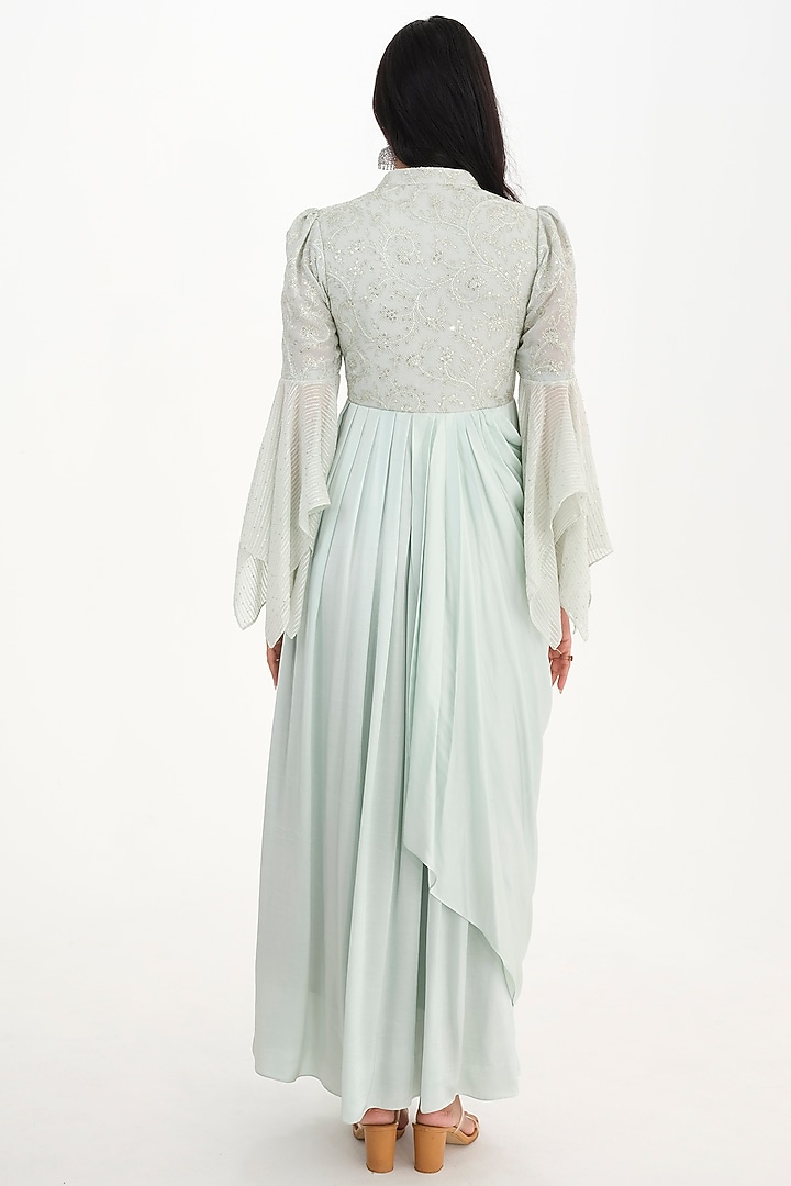 Light Cyan Cotton Satin & Natural Crepe Embroidered Asymmetrical Draped Engagement Gown by El:sian Studeios at Pernia's Pop Up Shop