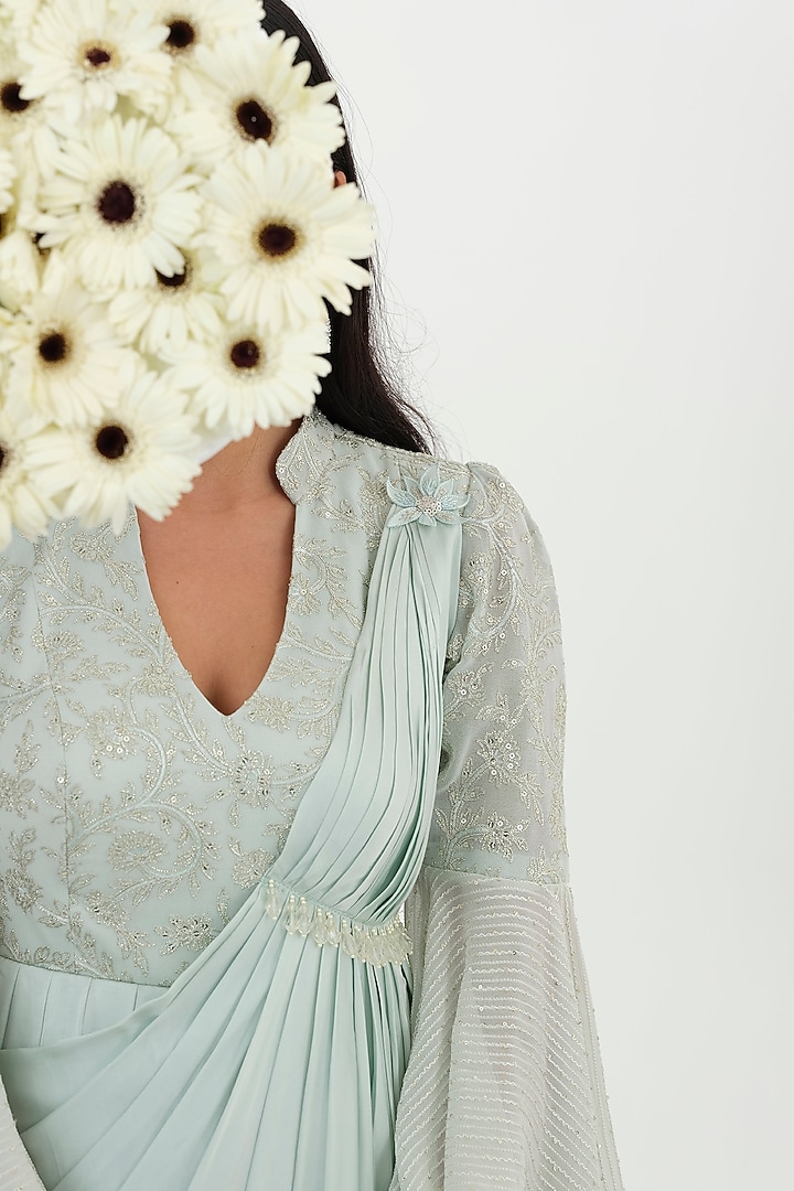 Light Cyan Cotton Satin & Natural Crepe Embroidered Asymmetrical Draped Engagement Gown by El:sian Studeios at Pernia's Pop Up Shop
