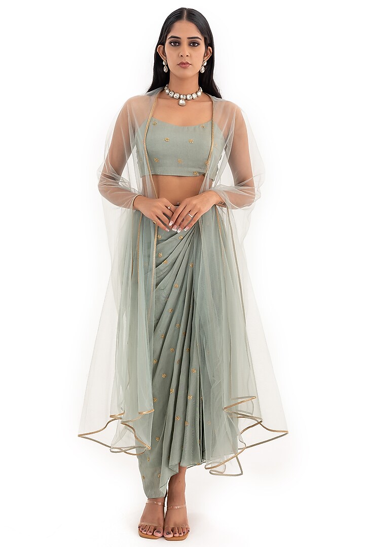 Pista Green Cotton Satin Asymmetrical Draped Skirt Set by El:sian Studeios at Pernia's Pop Up Shop