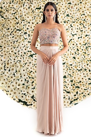 Old Rose Cotton Satin Draped Skirt set by El:sian Studeios