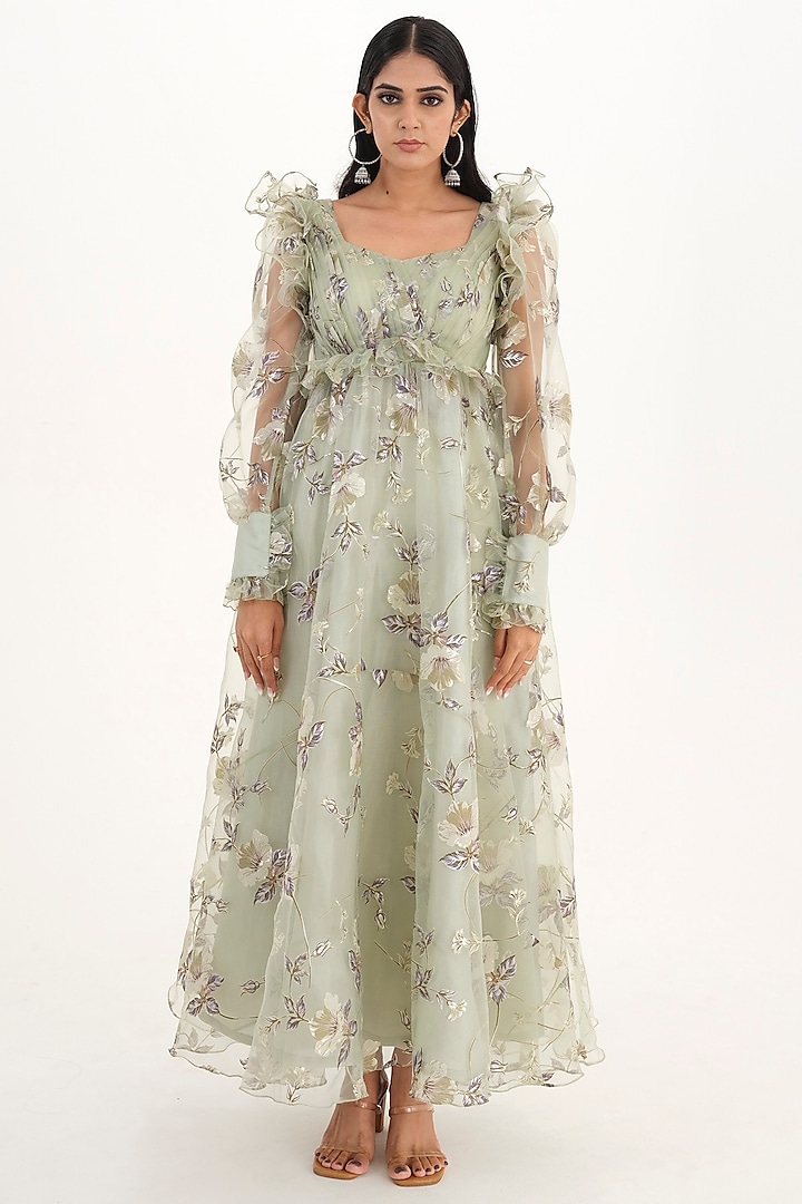 Moss Green Cotton Satin & Organza Printed Gown by El:sian Studeios
