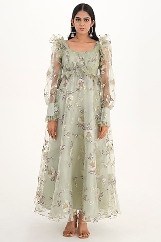 Moss Green Cotton Satin & Organza Printed Gown by El:sian Studeios
