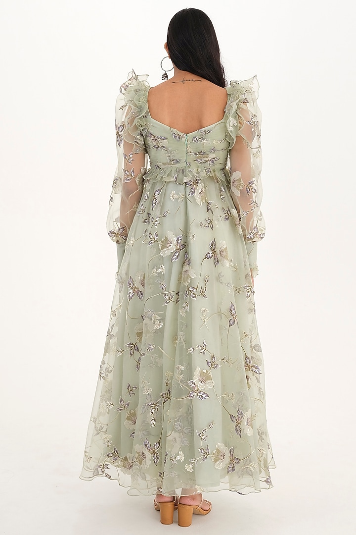 Moss Green Cotton Satin & Organza Printed Party Wear Gown by El:sian Studeios at Pernia's Pop Up Shop