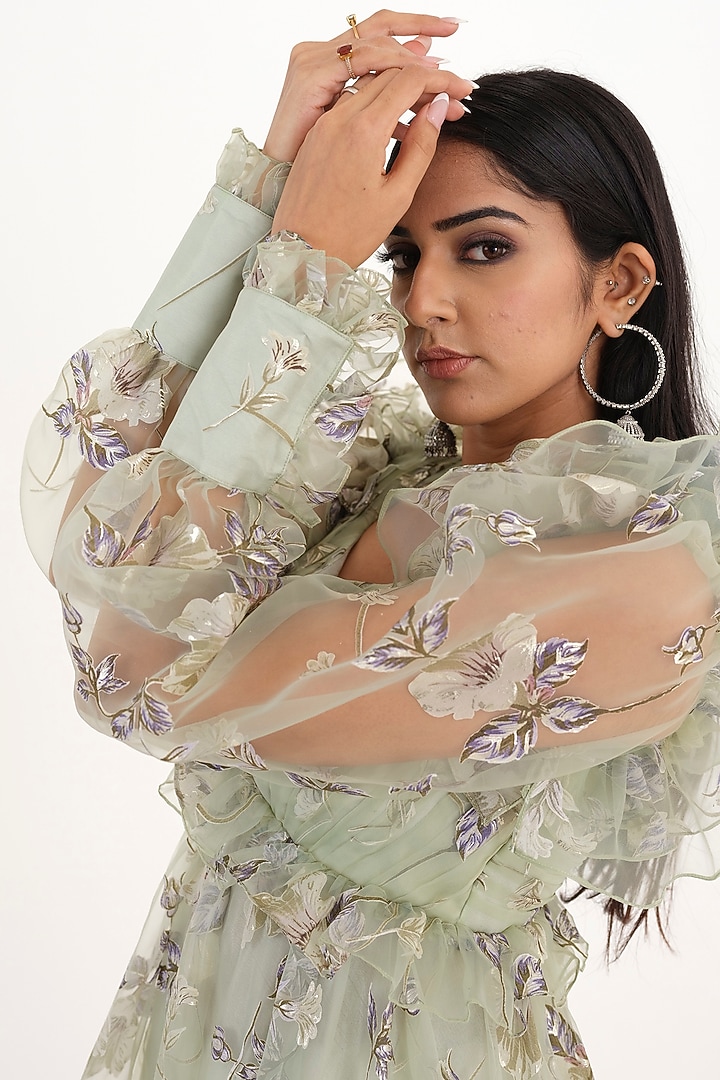 Moss Green Cotton Satin & Organza Printed Party Wear Gown by El:sian Studeios at Pernia's Pop Up Shop