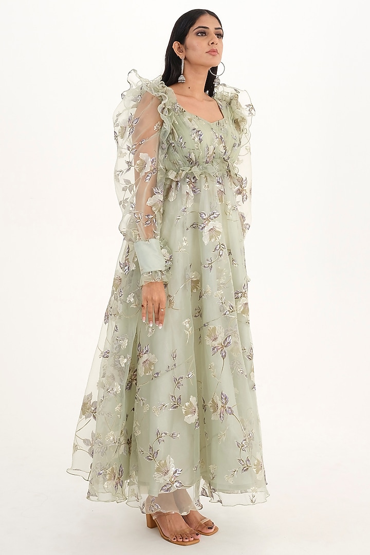 Moss Green Cotton Satin & Organza Printed Party Wear Gown by El:sian Studeios at Pernia's Pop Up Shop