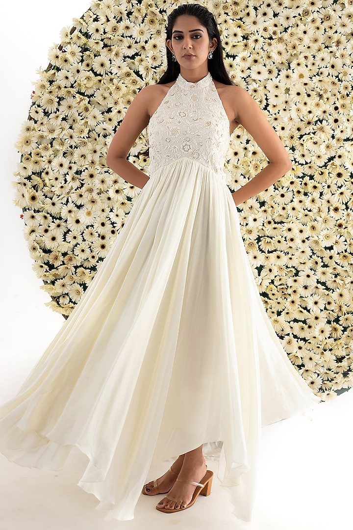 Ivory Cotton Satin Embroidered Gown by El:sian Studeios
