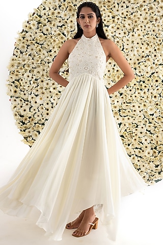 Ivory Cotton Satin Embroidered Gown by El:sian Studeios