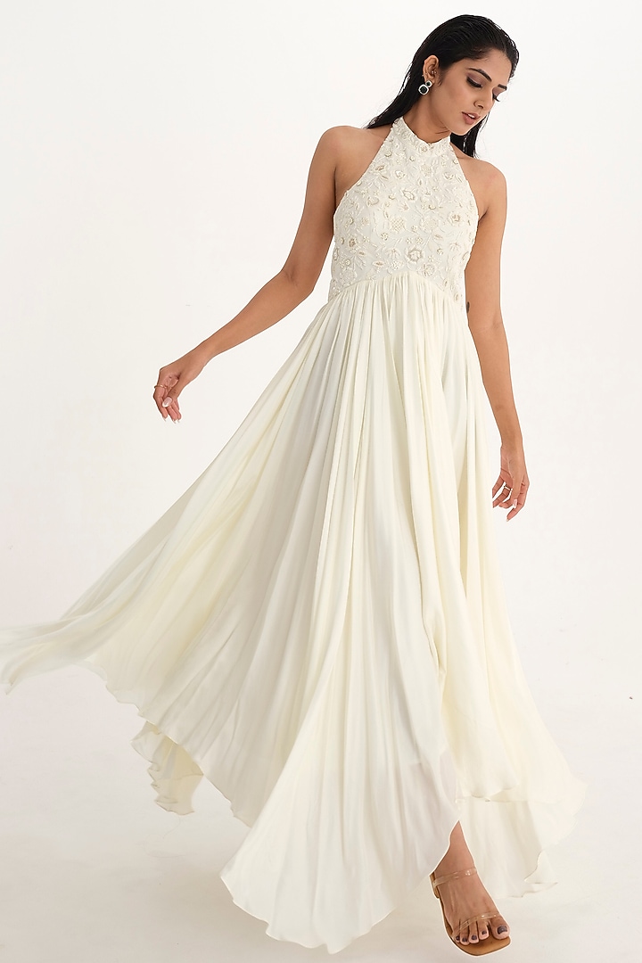 Ivory Cotton Satin Embroidered Engagement Gown by El:sian Studeios at Pernia's Pop Up Shop