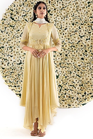 Lemon Yellow Cotton Satin & Organza Dress With Dupatta by El:sian Studeios