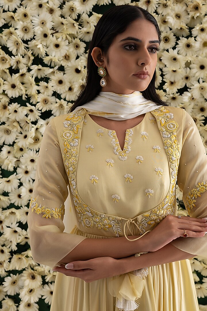 Lemon Yellow Cotton Satin & Organza Party Wear Dress With Dupatta by El:sian Studeios at Pernia's Pop Up Shop