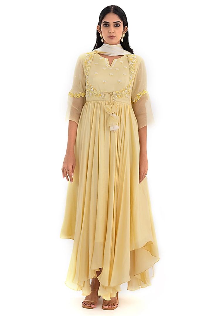 Lemon Yellow Cotton Satin & Organza Party Wear Dress With Dupatta by El:sian Studeios at Pernia's Pop Up Shop