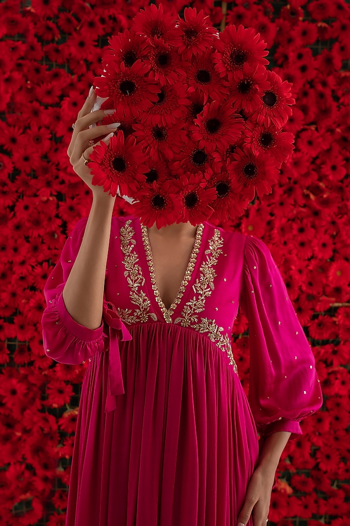 Magenta Cotton Satin Embroidered Tiered Engagement Gown by El:sian Studeios at Pernia's Pop Up Shop