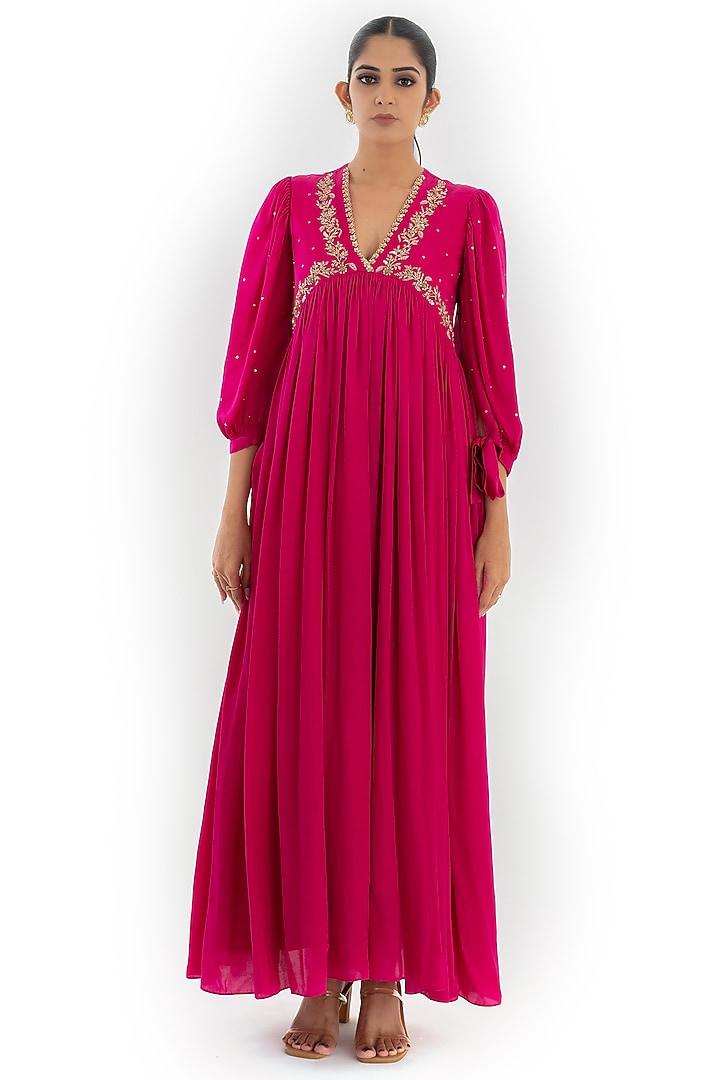 Magenta Cotton Satin Embroidered Tiered Engagement Gown by El:sian Studeios at Pernia's Pop Up Shop