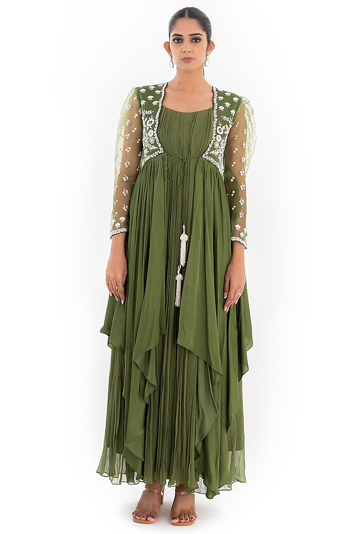 Seaweed Green Cotton Satin & Organza Jacket Dress by El:sian Studeios