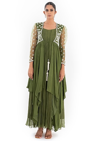 Seaweed Green Cotton Satin & Organza Jacket Dress by El:sian Studeios