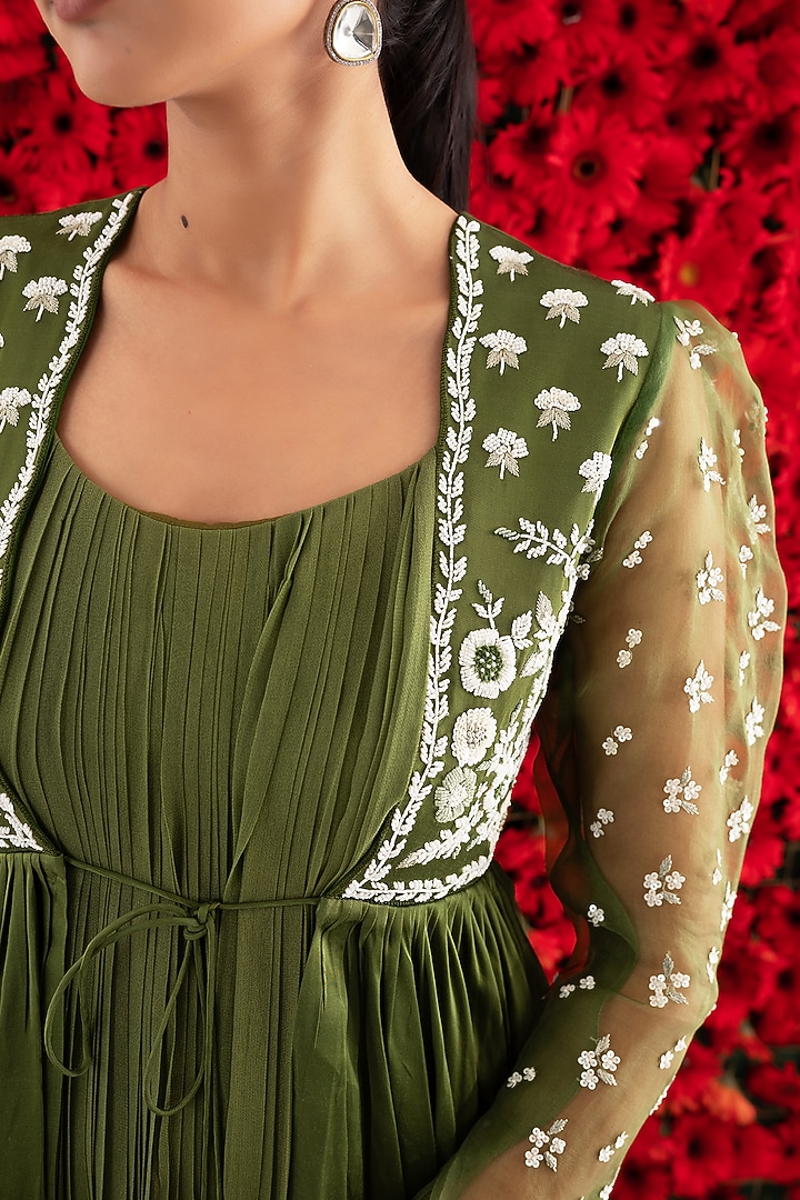 Seaweed Green Cotton Satin & Organza Jacket Dress by El:sian Studeios at Pernia's Pop Up Shop 2026 Seaweed Green Cotton Satin & Organza Jacket Dress by El:sian Studeios at Pernia's Pop Up Shop 2026