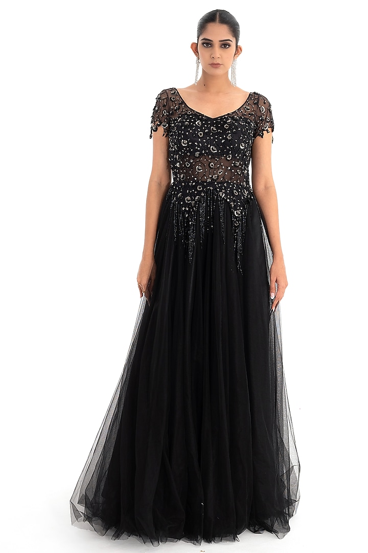 Black tulle Embroidered Gown by El:sian Studeios