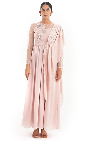 Old Rose Cotton Satin & Organza Asymmetrical Draped Gown by El:sian Studeios
