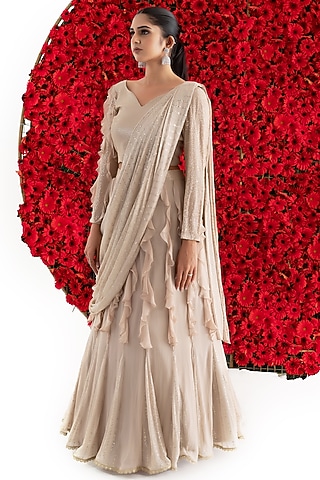 Beige Georgette Embroidered Draped Lehenga Set by El:sian Studeios