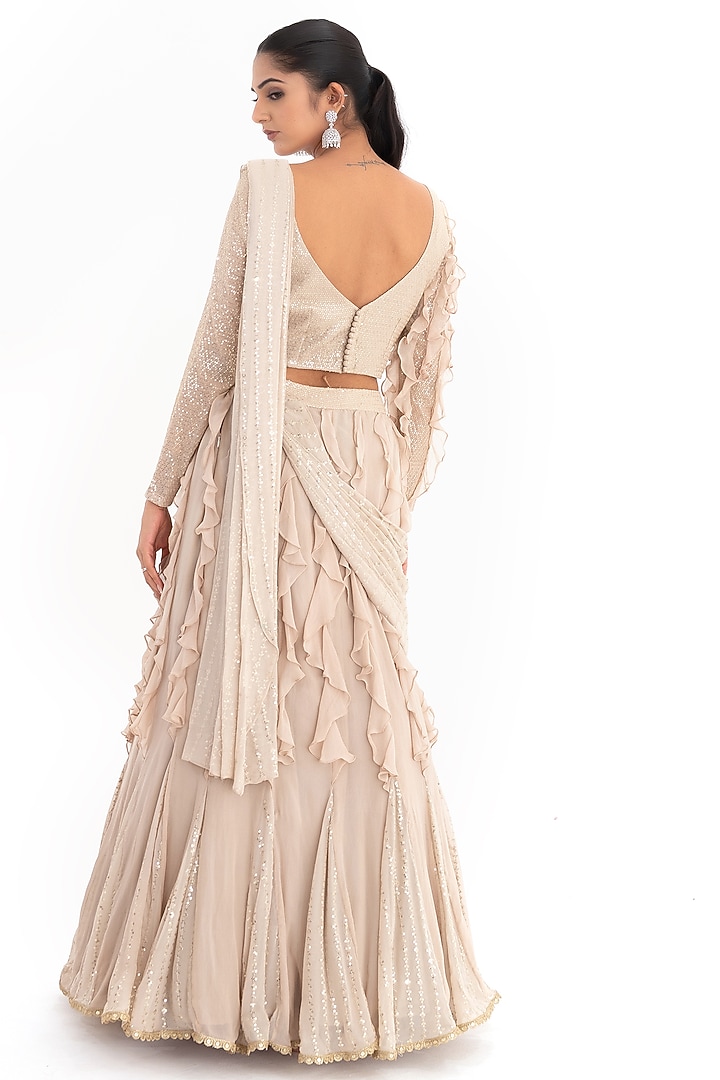Beige Georgette Embroidered Draped Wedding Lehenga Set by El:sian Studeios at Pernia's Pop Up Shop